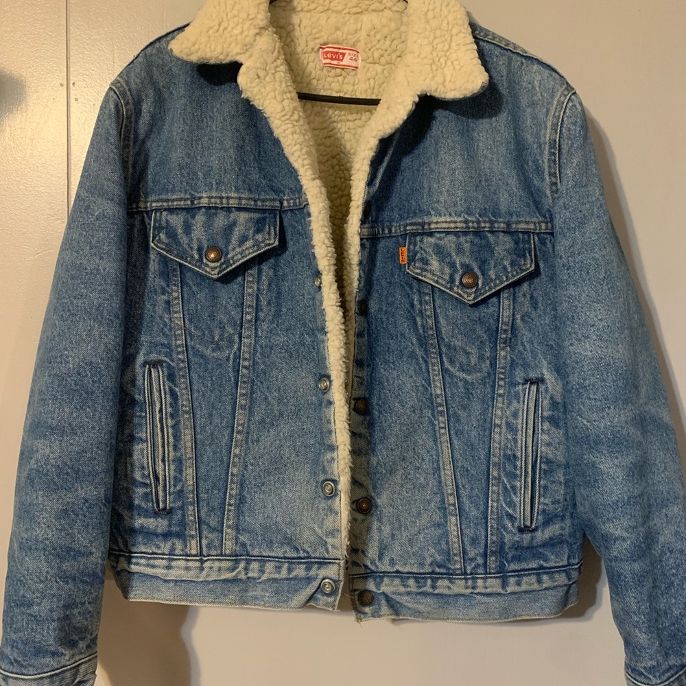 VTG 70’s Levi's Trucker Jacket Mens 44 Sherpa Orange Tab Denim Snap Made in USA